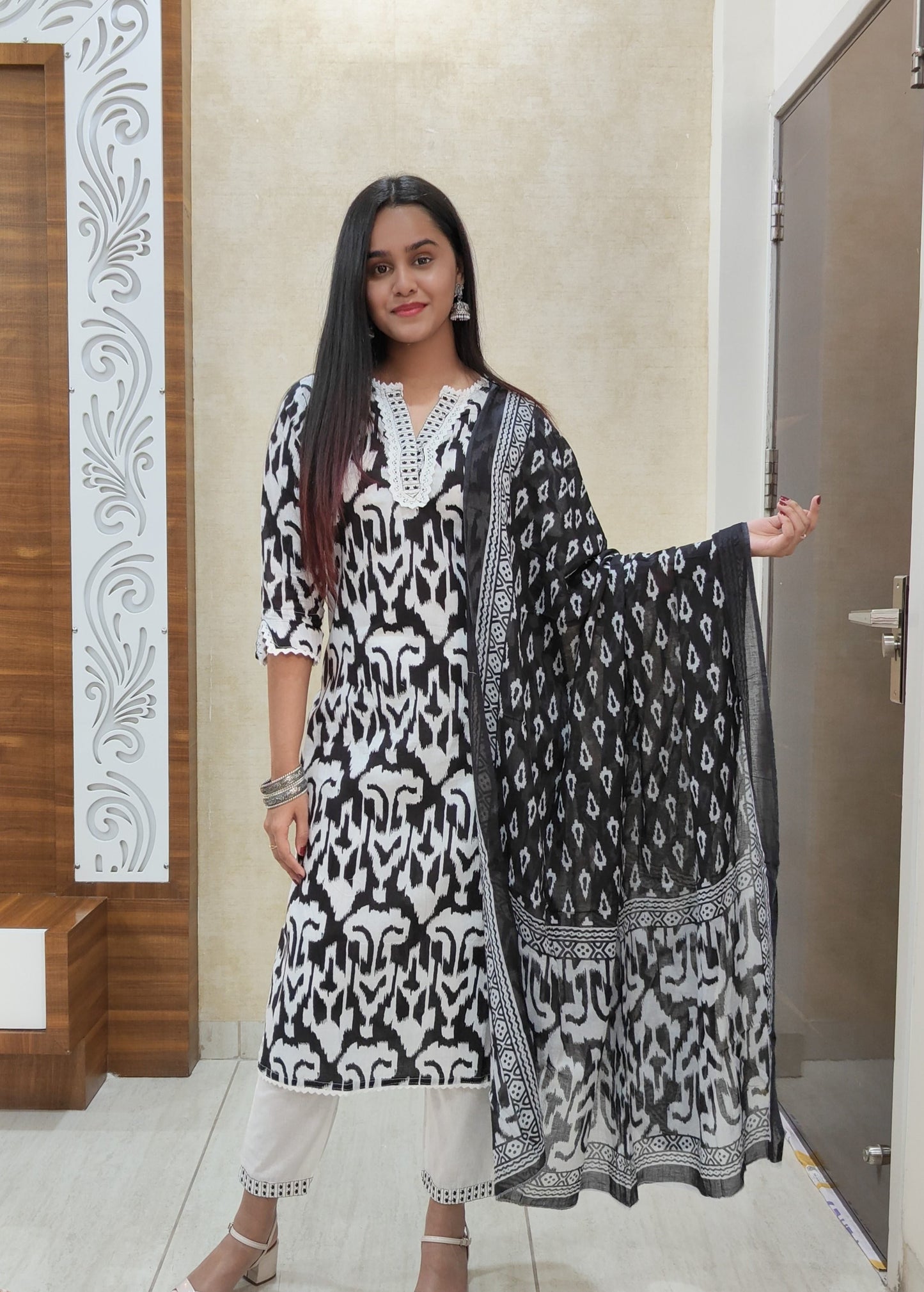 Black & White Ikat Cotton Kurta Set with Dupatta