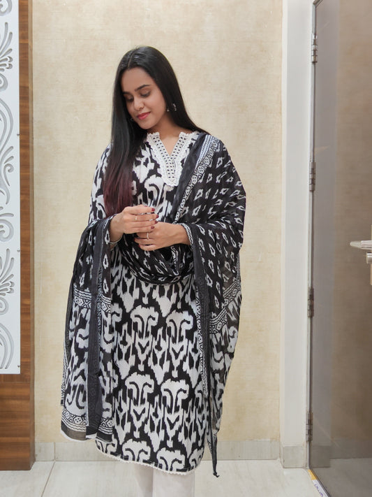 Black & White Ikat Cotton Kurta Set with Dupatta