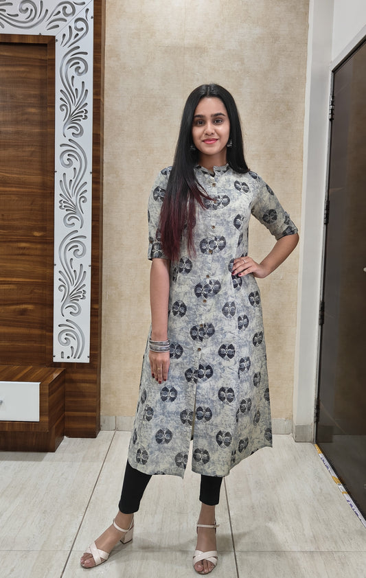 Grey Ajrakh Print Slub Cotton A Line Kurta