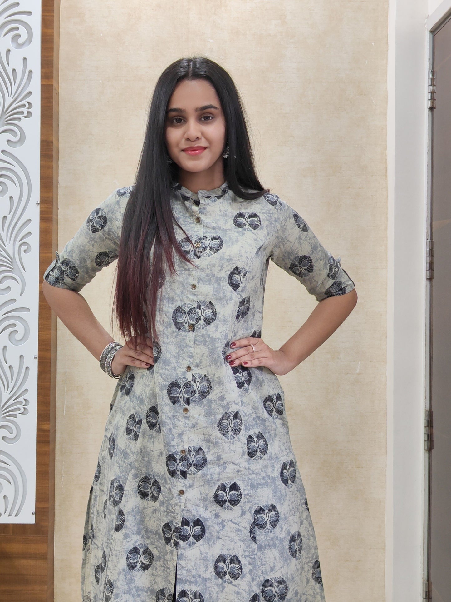 Grey Ajrakh Print Slub Cotton A Line Kurta
