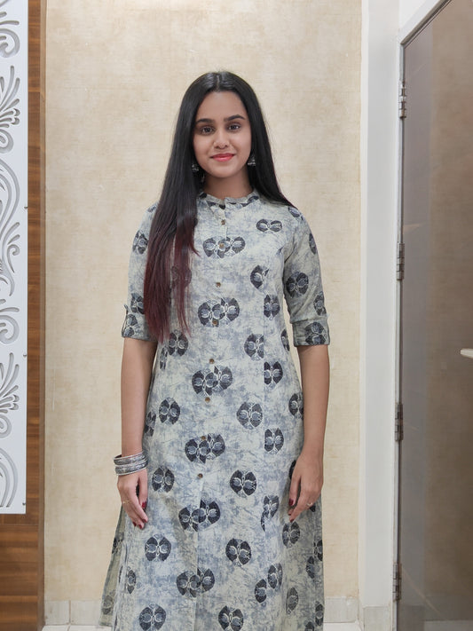 Grey Ajrakh Print Slub Cotton A Line Kurta