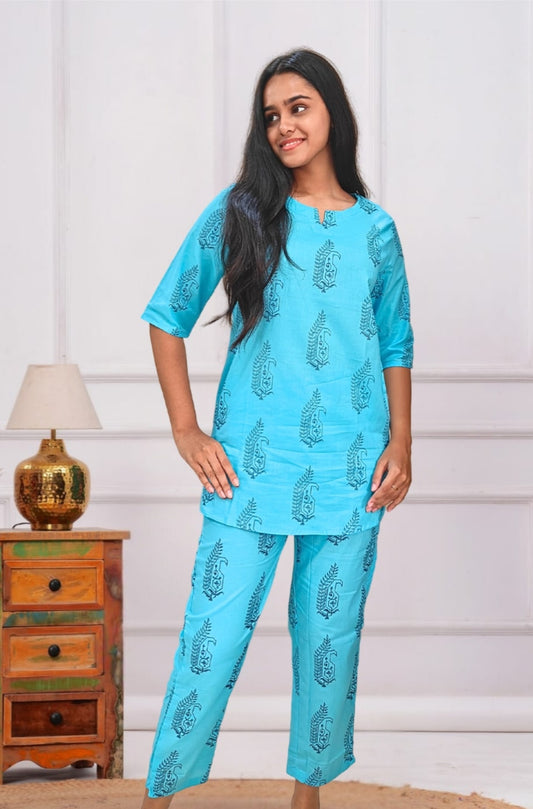 Sky Blue Paisley Cotton Co-ord Set