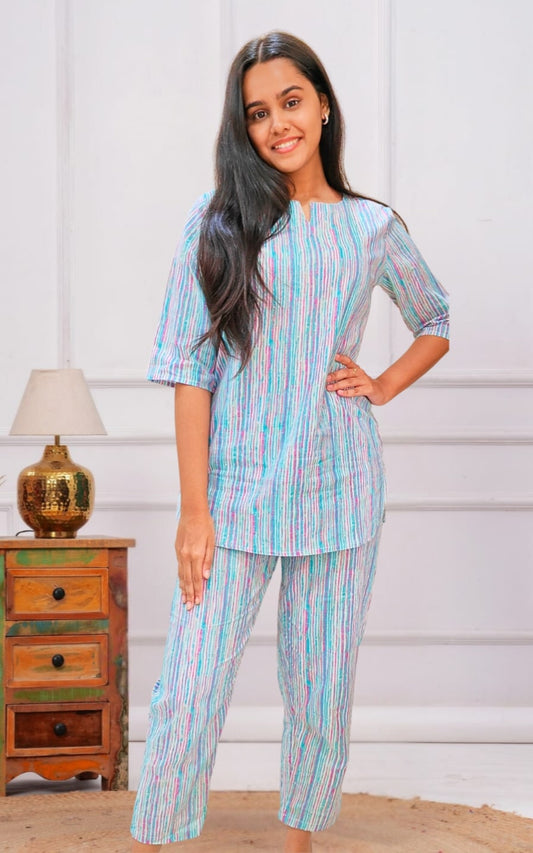 Sky Blue Striped Cotton Co-ord Set