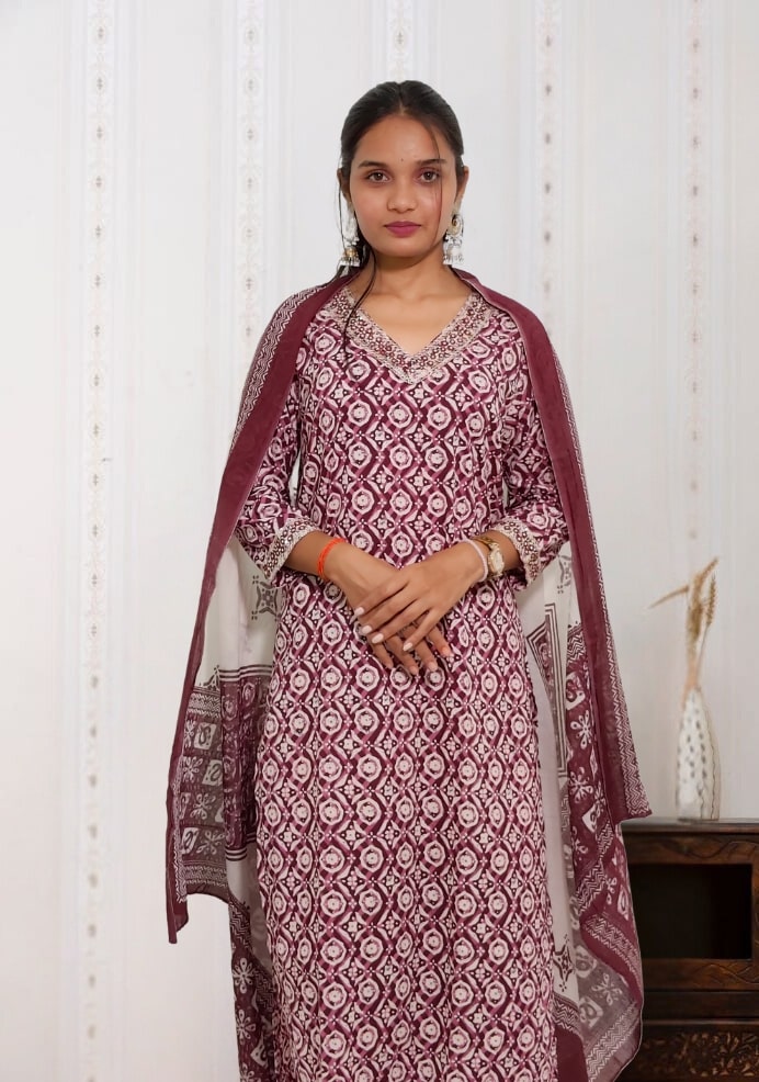 Magenta Ajrakh Cotton Kurta Set with Dupatta