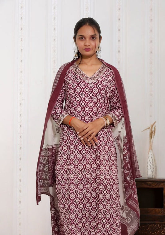 Magenta Ajrakh Cotton Kurta Set with Dupatta
