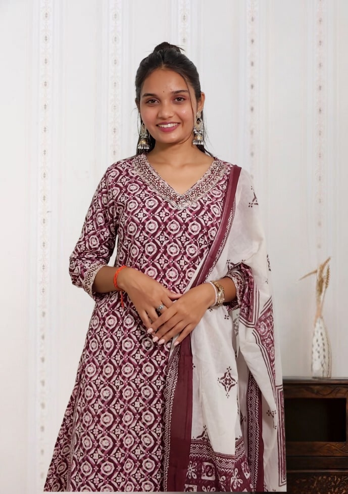 Magenta Ajrakh Cotton Kurta Set with Dupatta