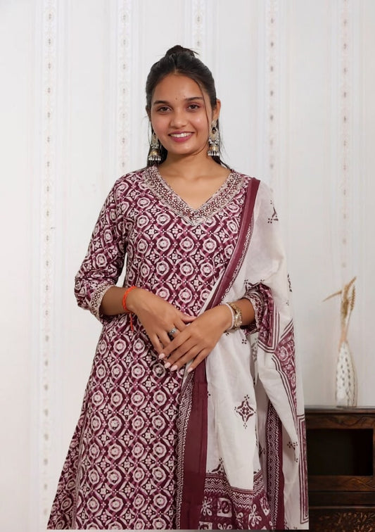 Magenta Ajrakh Cotton Kurta Set with Dupatta