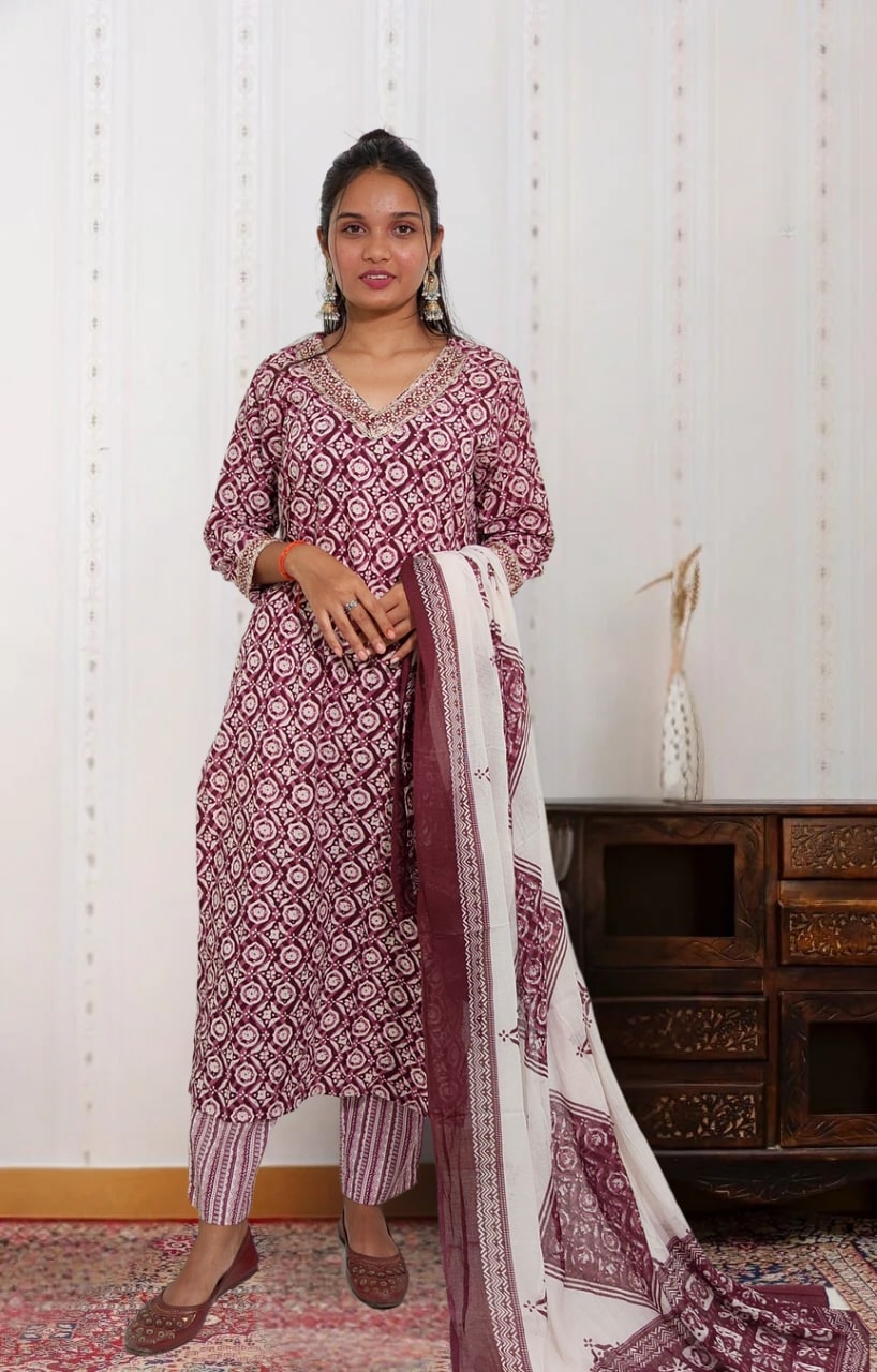 Magenta Ajrakh Cotton Kurta Set with Dupatta