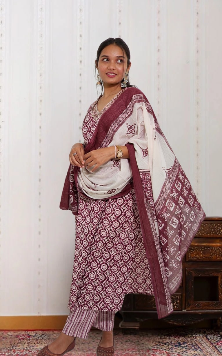 Magenta Ajrakh Cotton Kurta Set with Dupatta