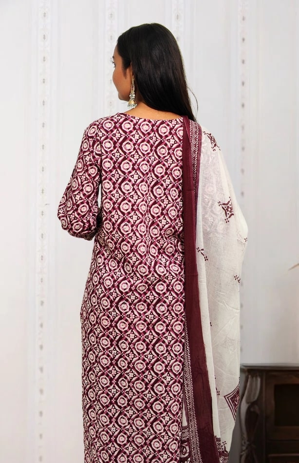 Magenta Ajrakh Cotton Kurta Set with Dupatta