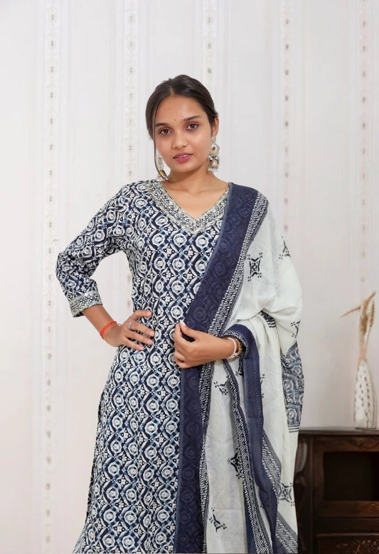 Indigo Blue Ajrakh Cotton Kurta Set with Dupatta