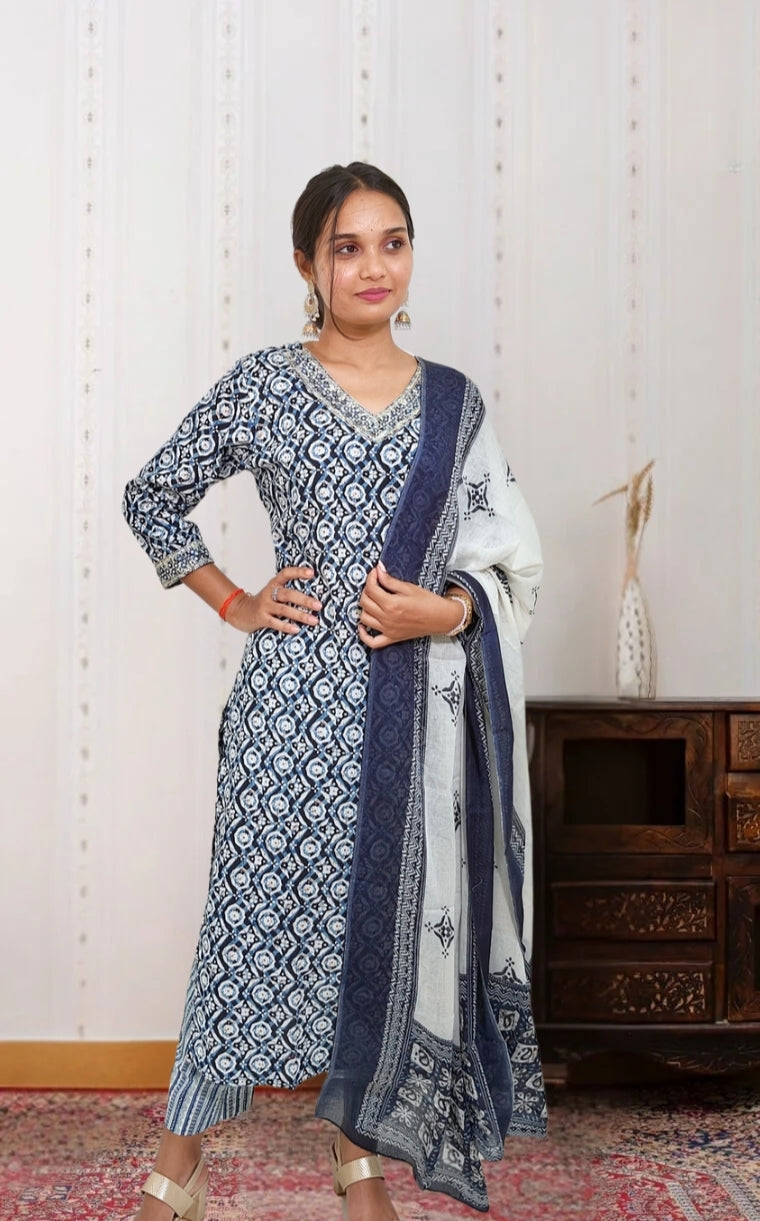 Indigo Blue Ajrakh Cotton Kurta Set with Dupatta