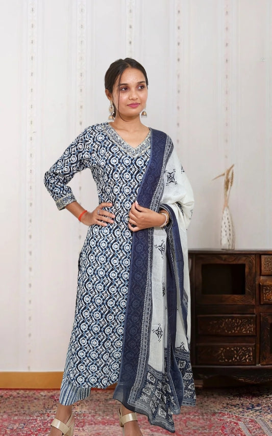 Indigo Blue Ajrakh Cotton Kurta Set with Dupatta