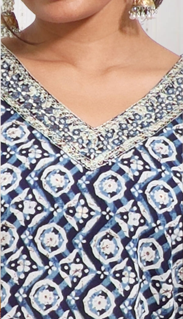 Indigo Blue Ajrakh Cotton Kurta Set with Dupatta