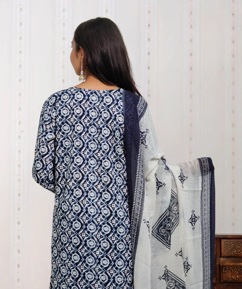 Indigo Blue Ajrakh Cotton Kurta Set with Dupatta