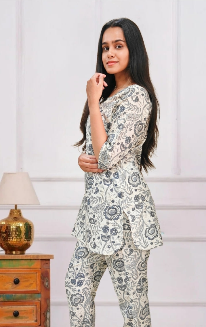 Off White Floral Cotton Co-ord Set
