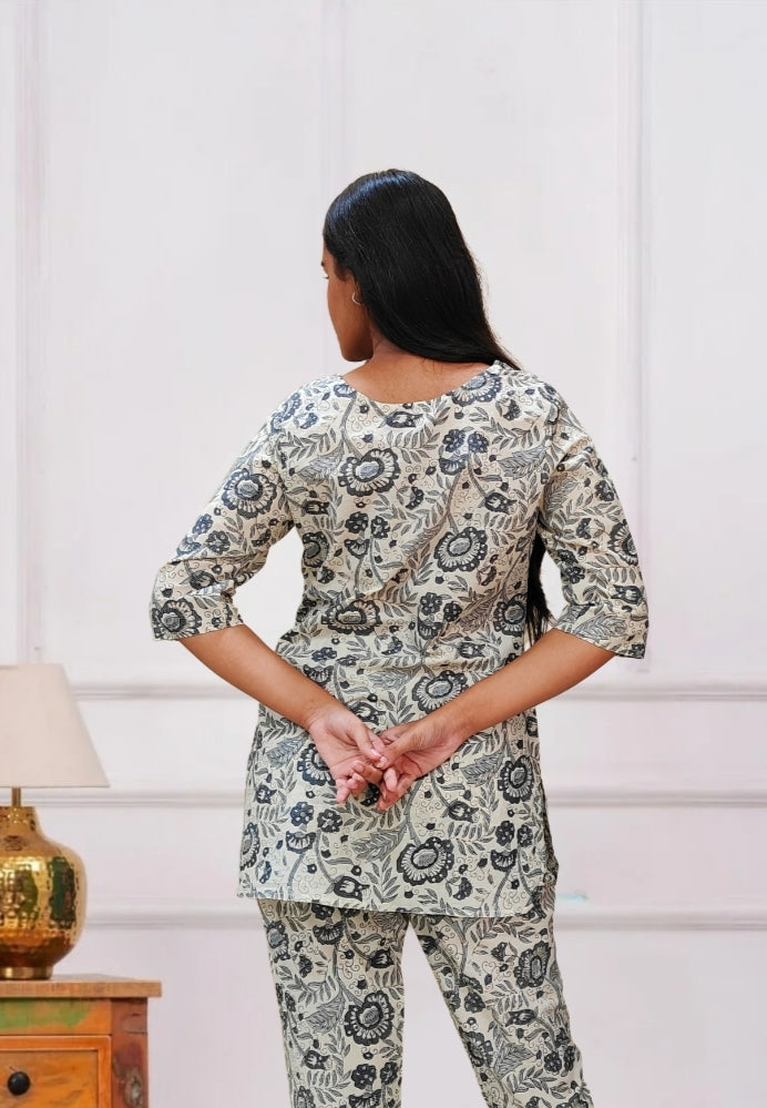 Off White Floral Cotton Co-ord Set