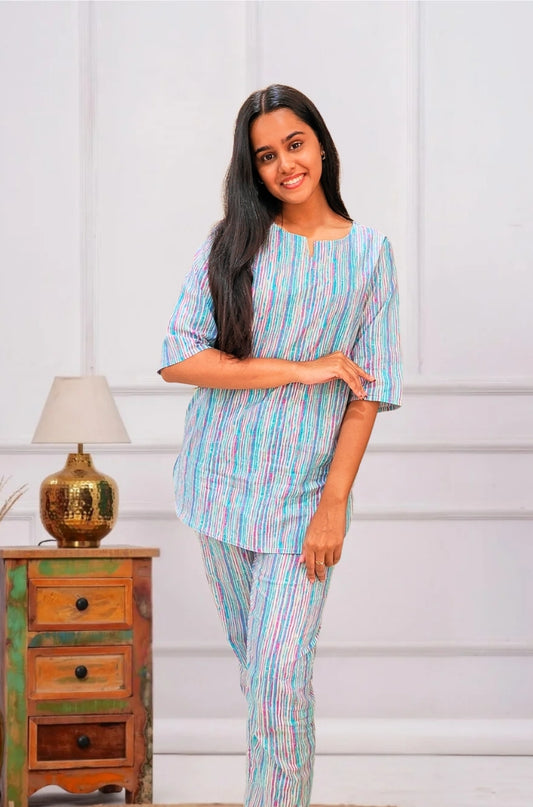 Sky Blue Striped Cotton Co-ord Set