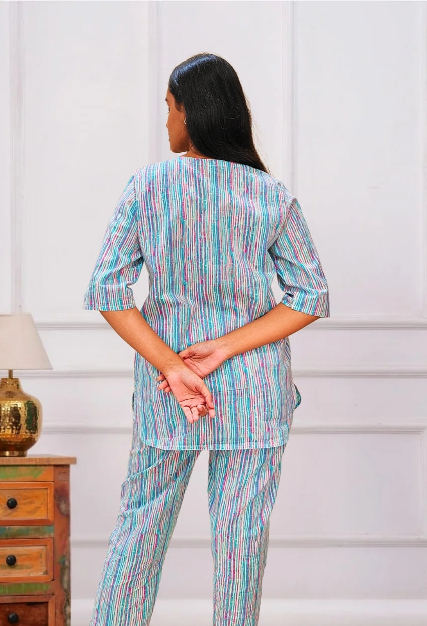 Sky Blue Striped Cotton Co-ord Set