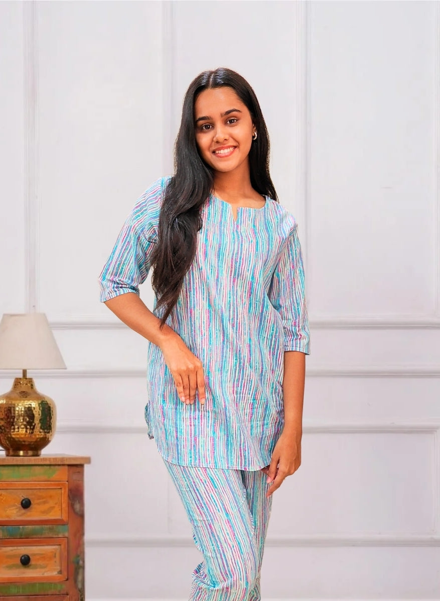 Sky Blue Striped Cotton Co-ord Set