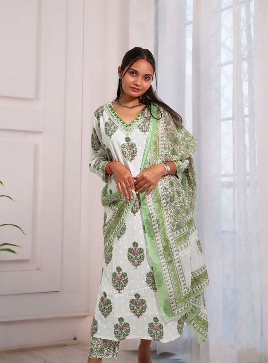 White & Green Hand Block Printed Cotton Suit Set with Dupatta