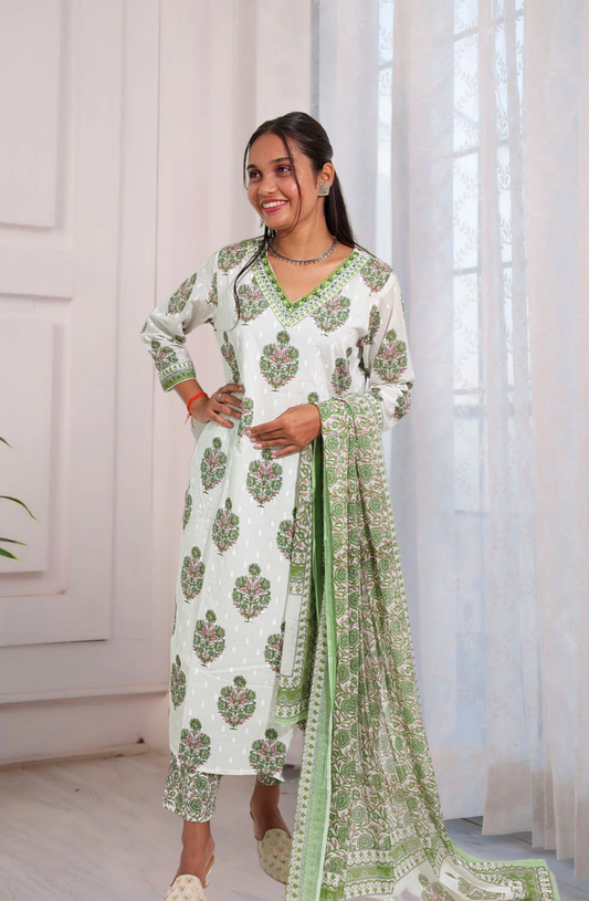 White & Green Hand Block Printed Cotton Suit Set with Dupatta