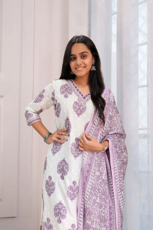 White & Lavender Hand Block Printed Cotton Suit Set with Dupatta