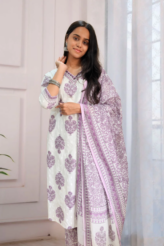 White & Lavender Hand Block Printed Cotton Suit Set with Dupatta