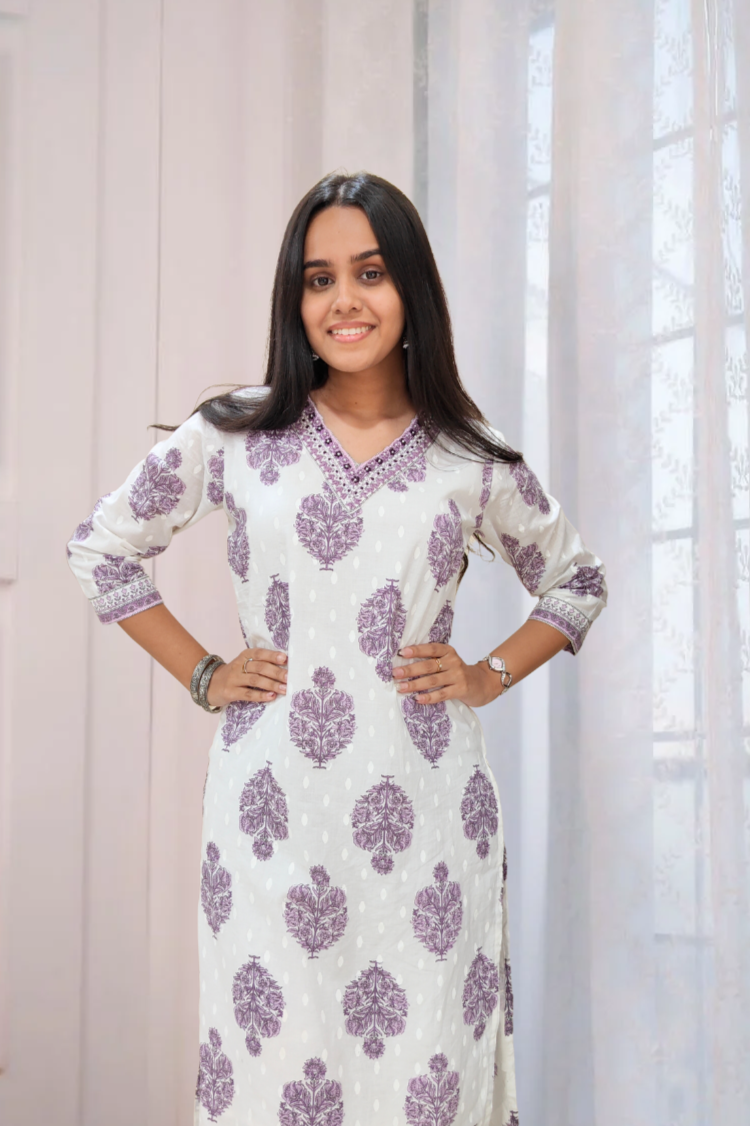 White & Lavender Hand Block Printed Cotton Suit Set with Dupatta