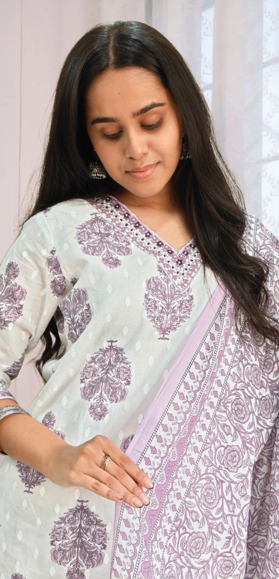 White & Lavender Hand Block Printed Cotton Suit Set with Dupatta