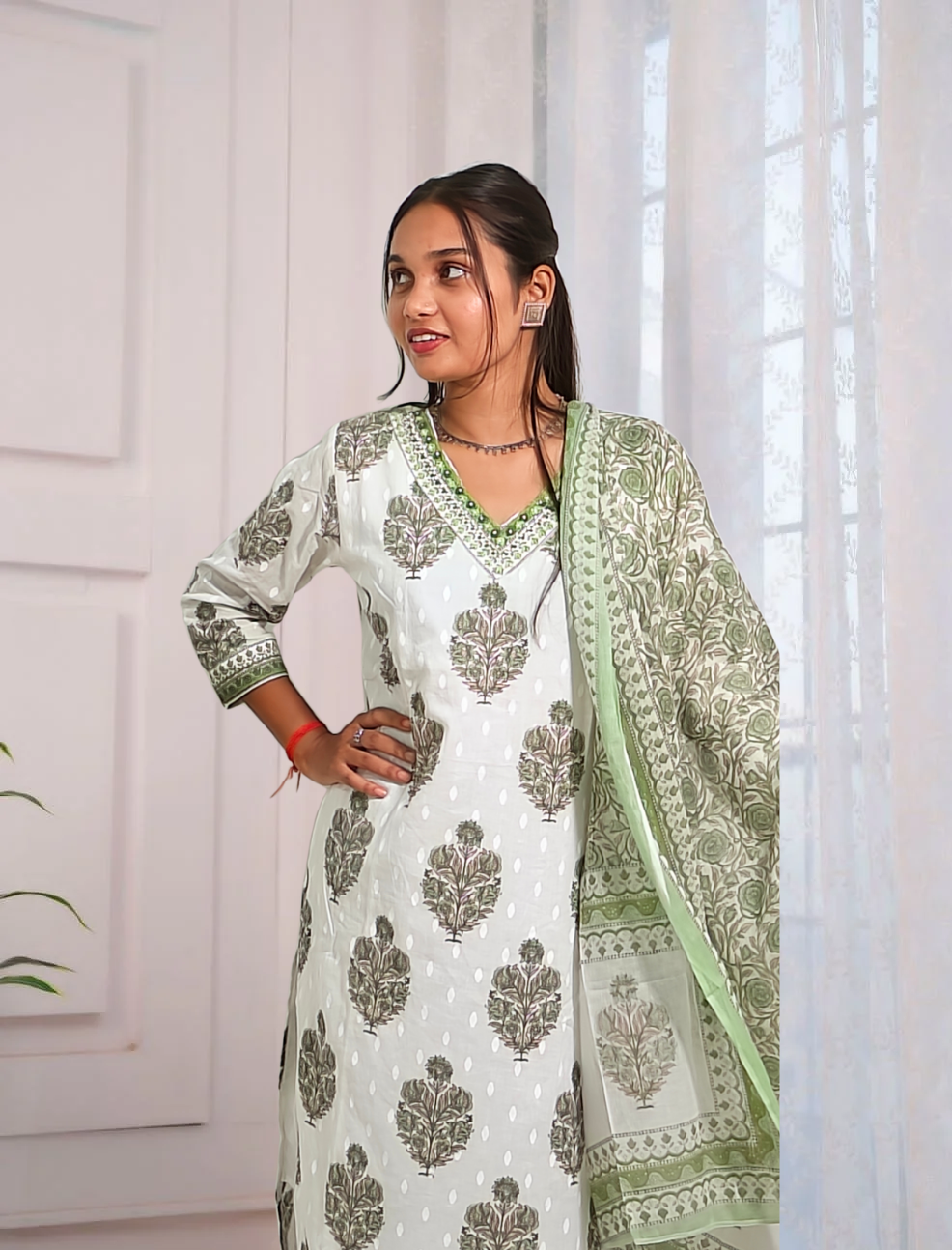 White & Green Hand Block Printed Cotton Suit Set with Dupatta