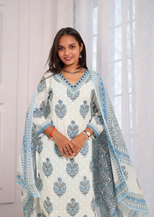White & Blue Hand Block Printed Cotton Suit Set with Dupatta