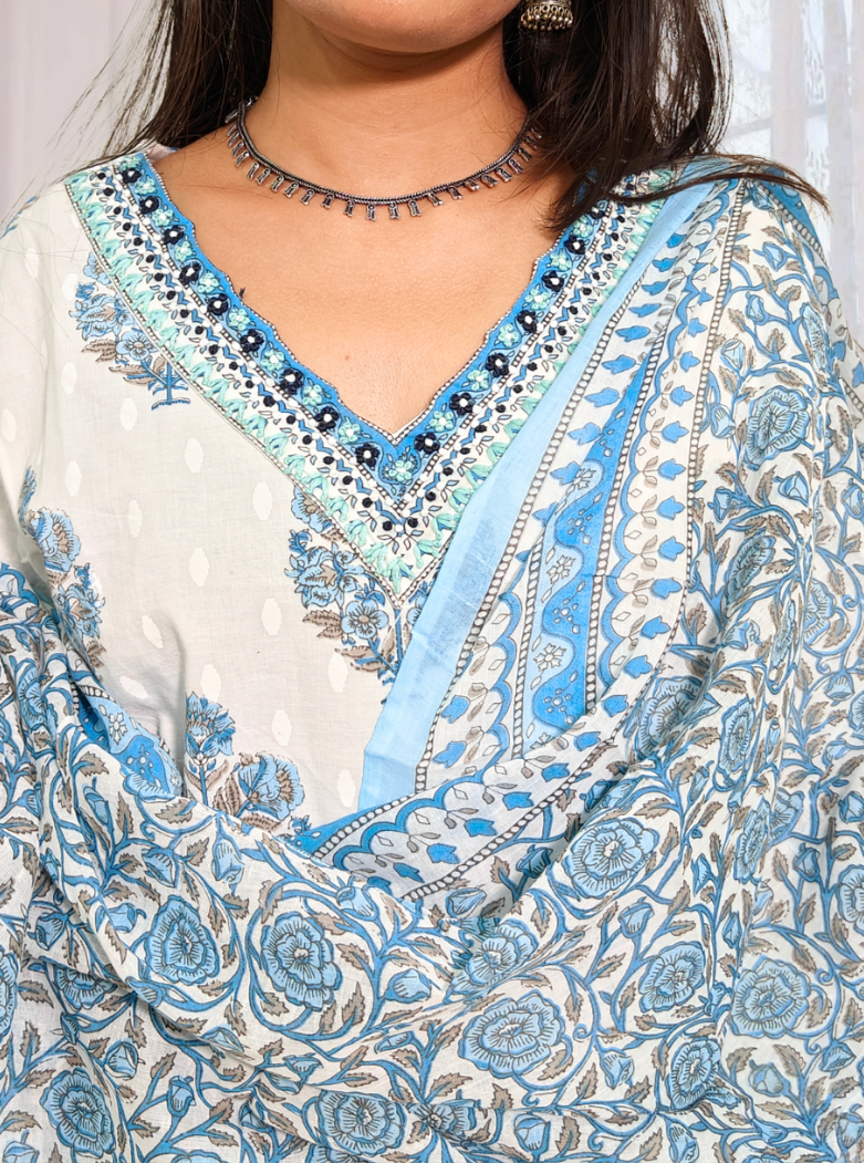 White & Blue Hand Block Printed Cotton Suit Set with Dupatta