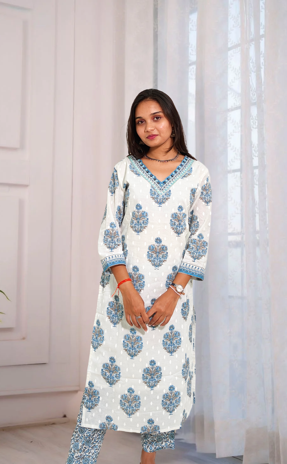 White & Blue Hand Block Printed Cotton Suit Set with Dupatta