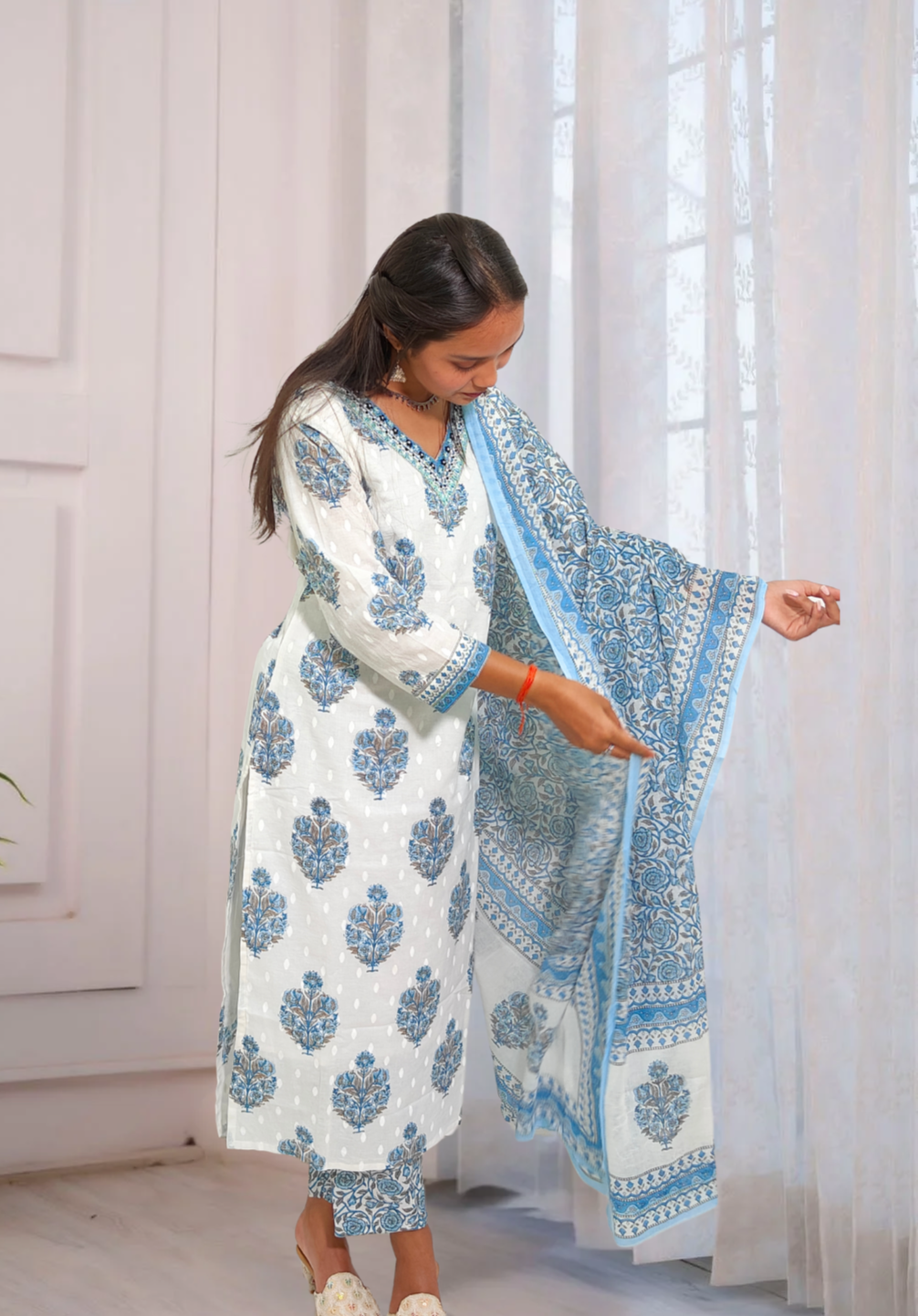 White & Blue Hand Block Printed Cotton Suit Set with Dupatta