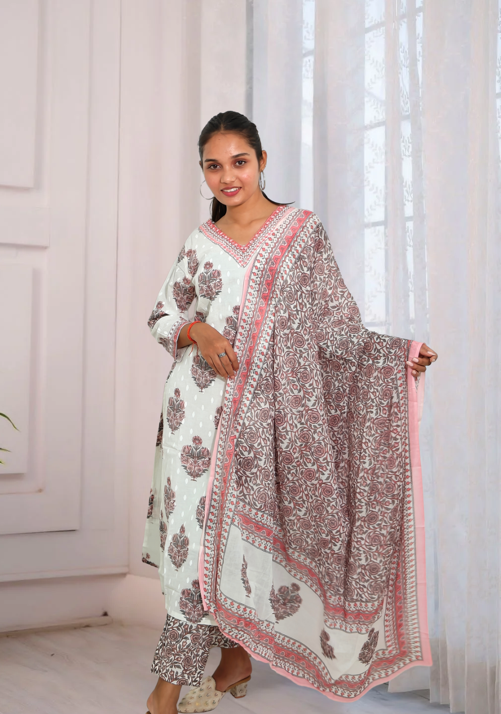 White & Red Hand Block Printed Cotton Suit Set with Dupatta