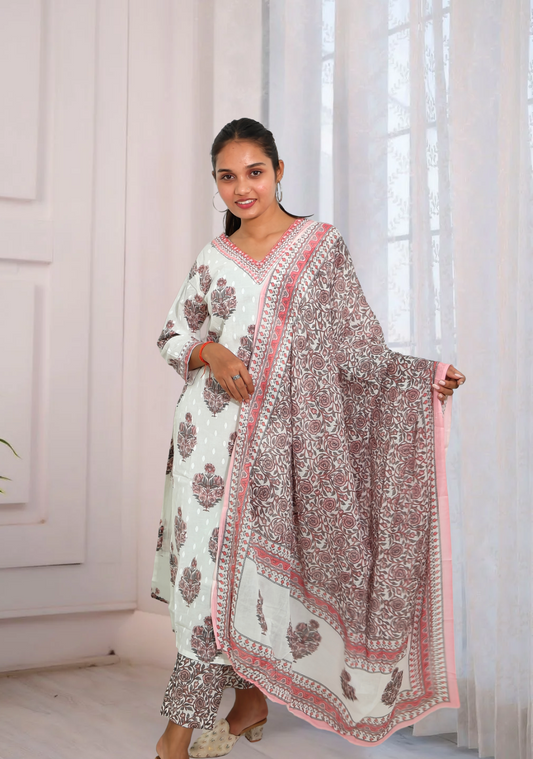 White & Red Hand Block Printed Cotton Suit Set with Dupatta