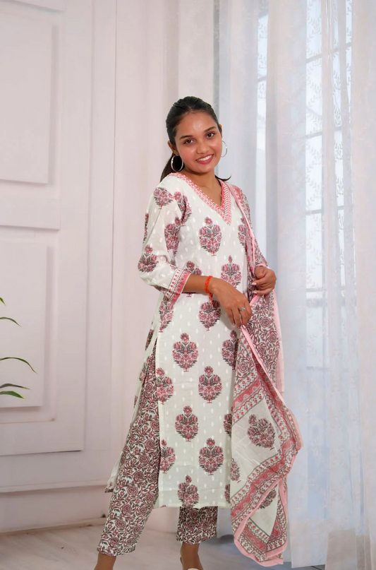 White & Red Hand Block Printed Cotton Suit Set with Dupatta