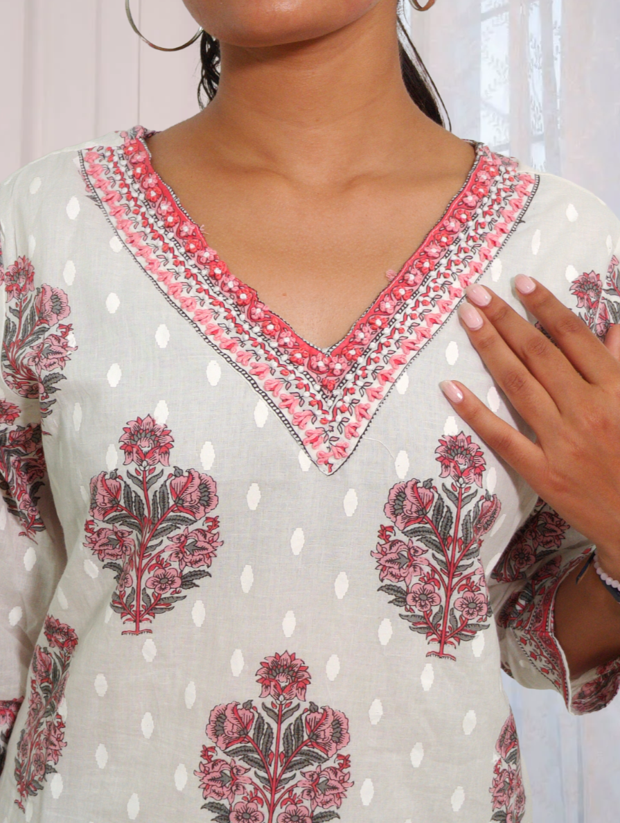 White & Red Hand Block Printed Cotton Suit Set with Dupatta