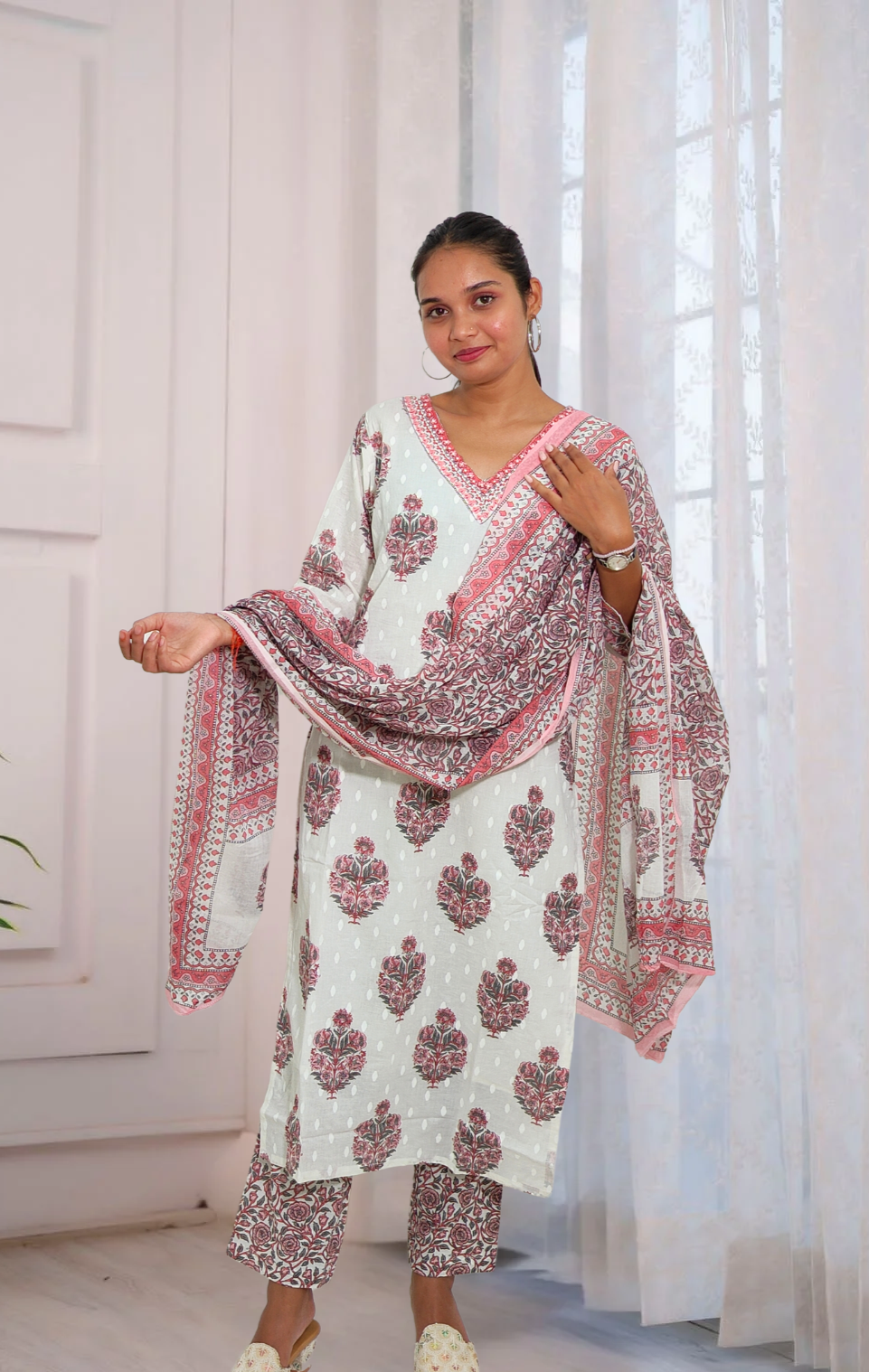 White & Red Hand Block Printed Cotton Suit Set with Dupatta