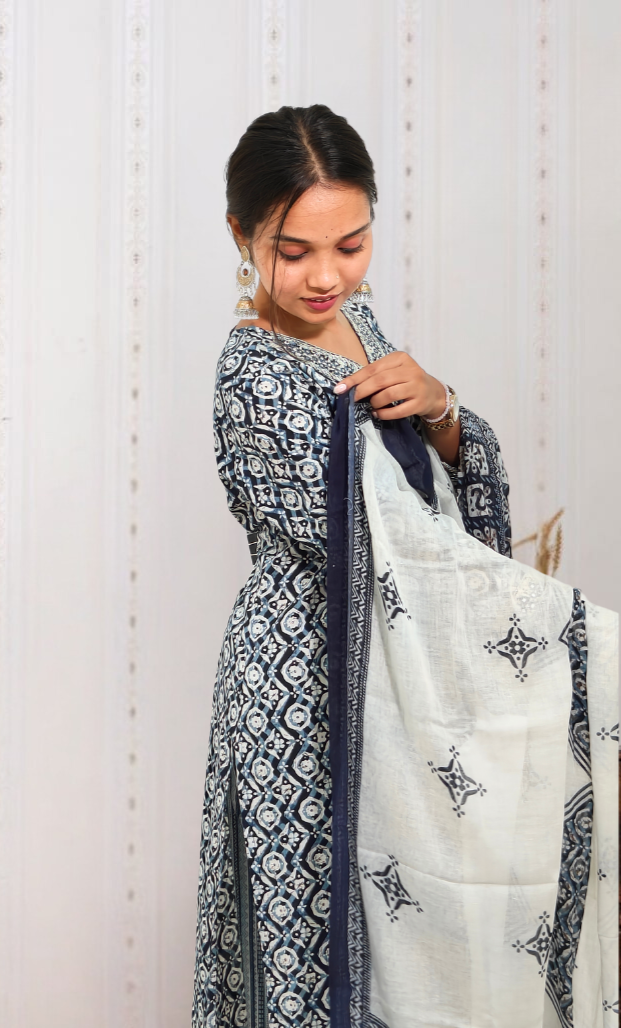 Indigo Blue Ajrakh Cotton Kurta Set with Dupatta