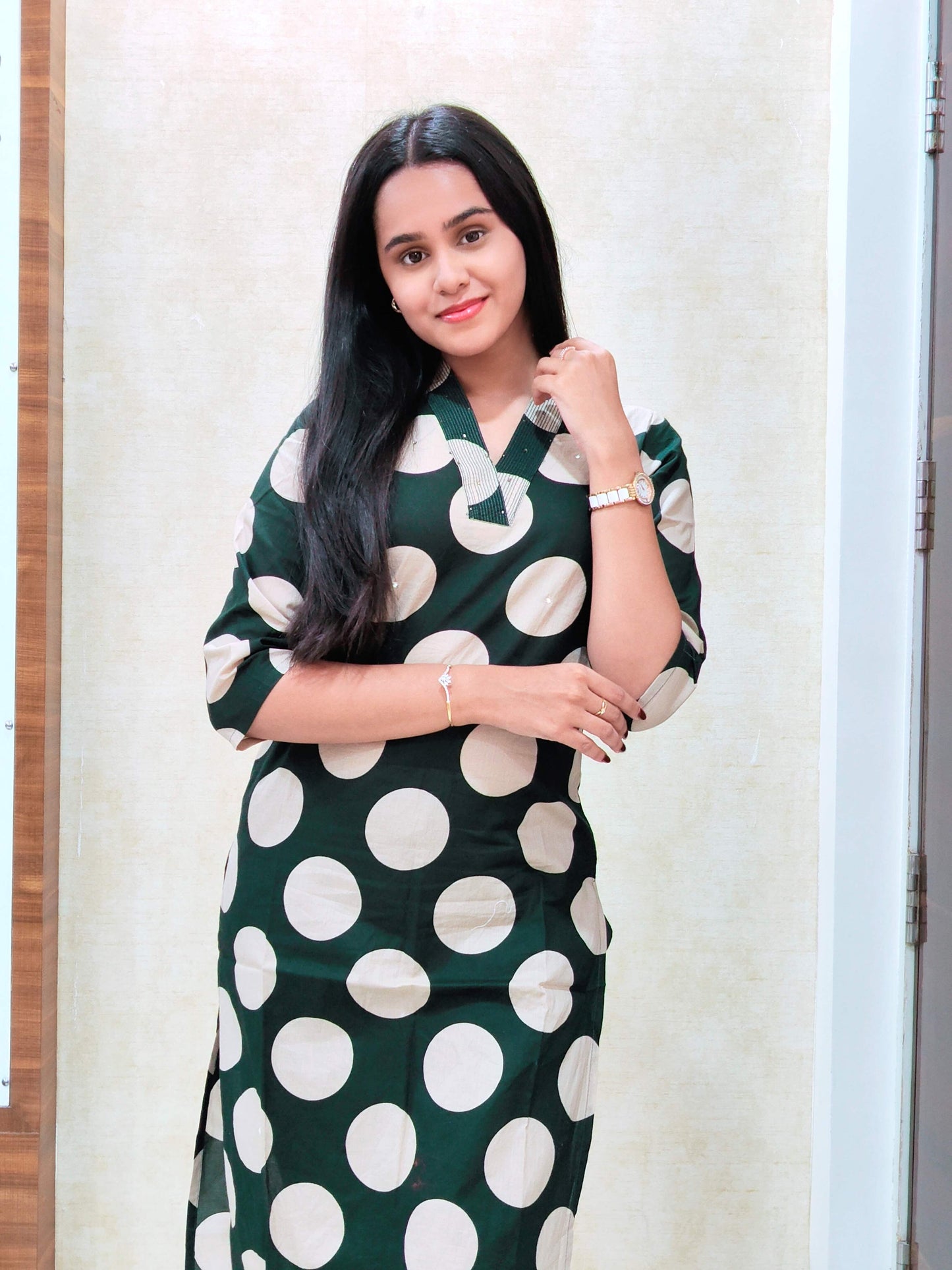 Bottle Green Polka Dot Kurta Pant Set | Chic Daily & Office Wear