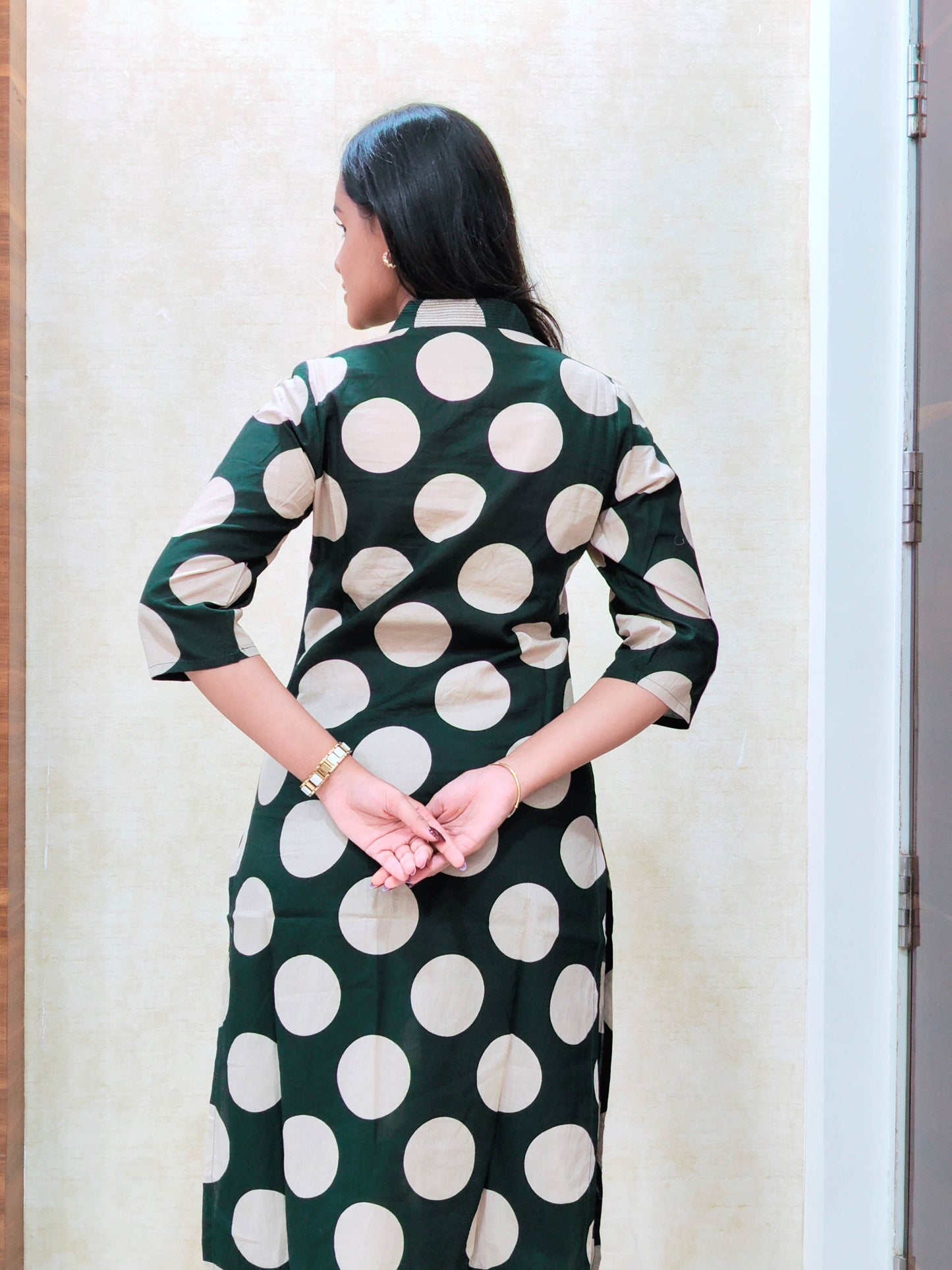Bottle Green Polka Dot Kurta Pant Set | Chic Daily & Office Wear