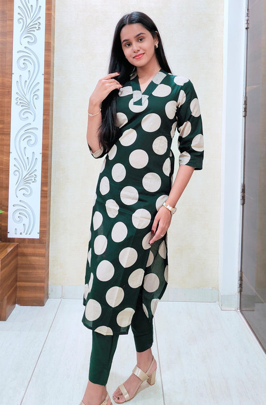 Bottle Green Polka Dot Kurta Pant Set | Chic Daily & Office Wear