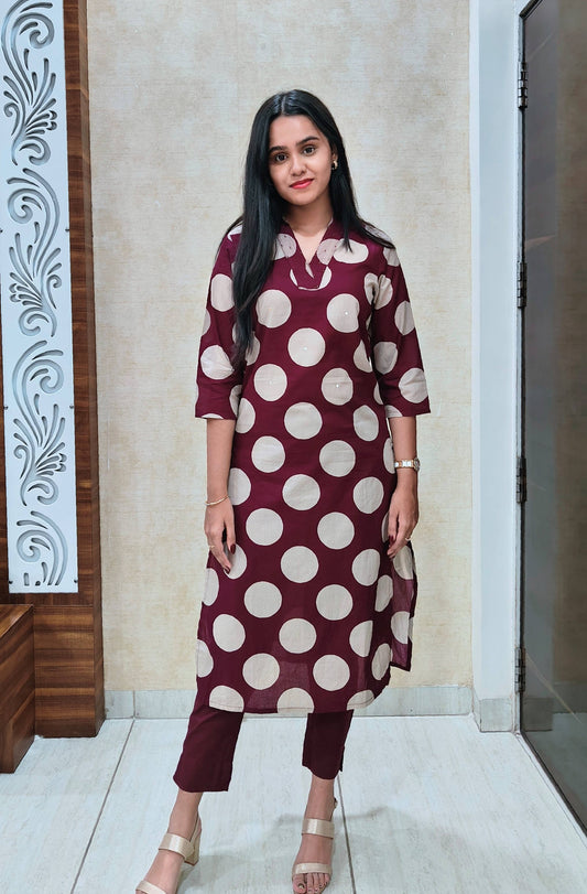 Maroon Polka Dot Kurta Pant Set | Chic Daily & Office Wear