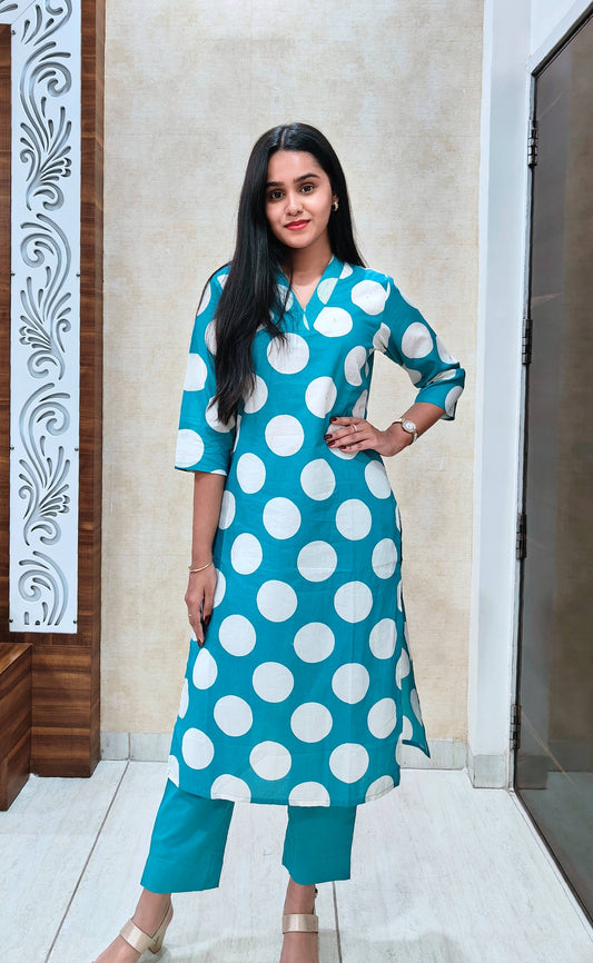 Sky Blue Polka Dot Kurta Pant Set | Chic Daily & Office Wear