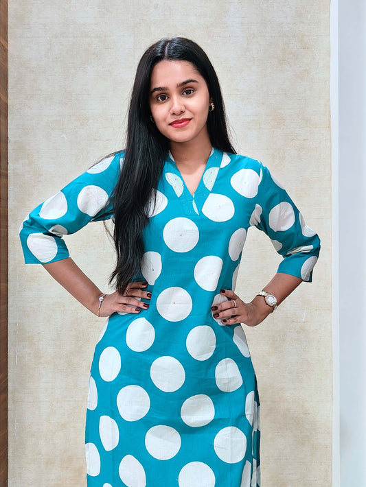 Sky Blue Polka Dot Kurta Pant Set | Chic Daily & Office Wear