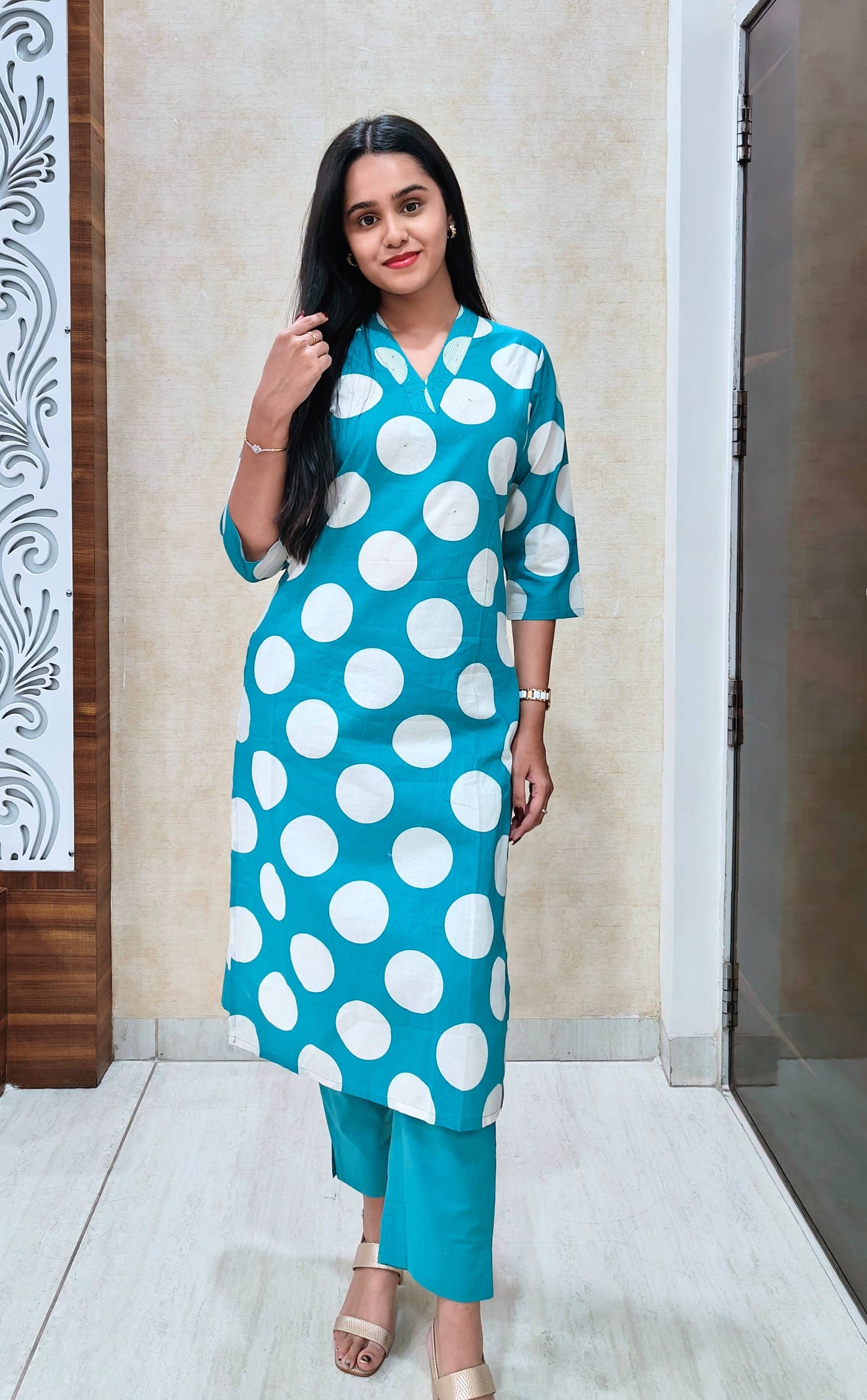 Sky Blue Polka Dot Kurta Pant Set | Chic Daily & Office Wear