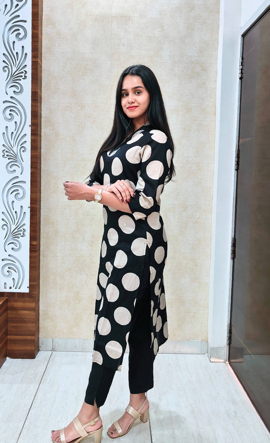 Black Polka Dot Kurta Pant Set | Chic Daily & Office Wear