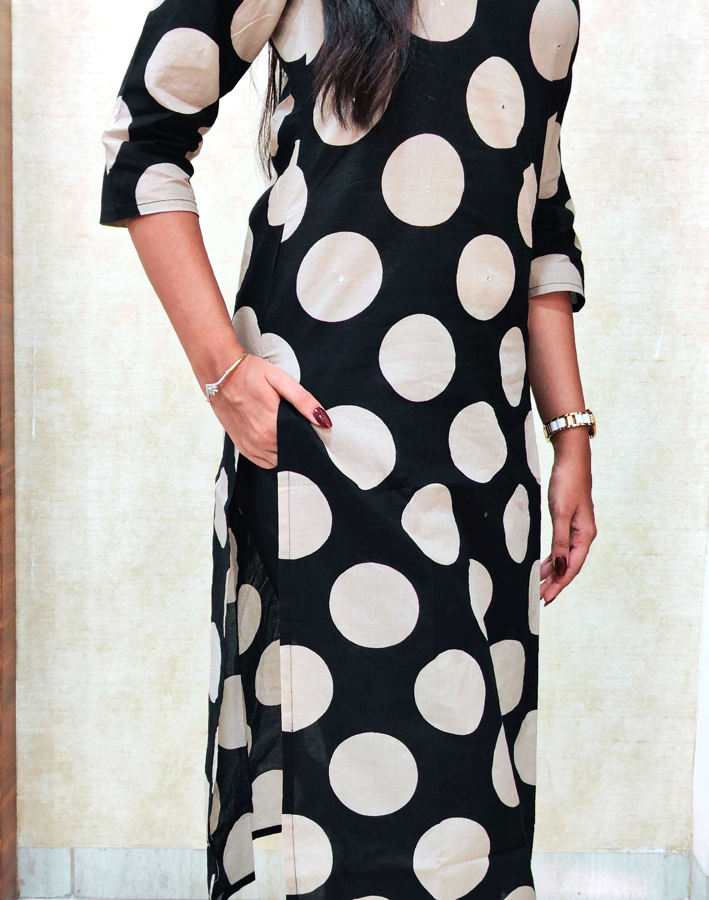 Black Polka Dot Kurta Pant Set | Chic Daily & Office Wear
